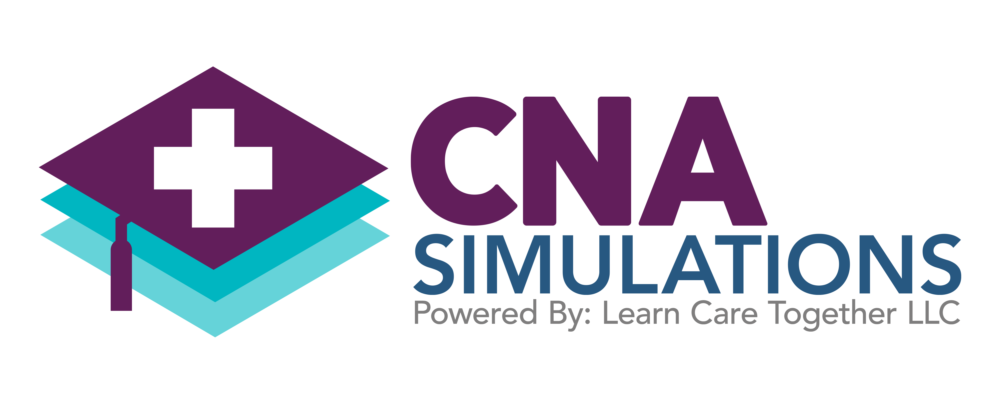 CNA Simulations logo with a medical cross inside a graduation cap icon.